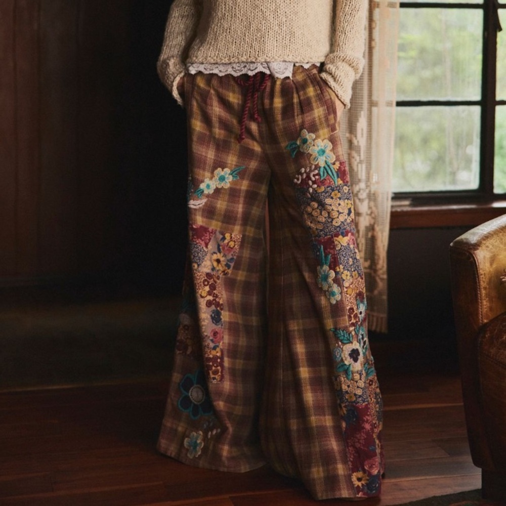 NWT Free People Brooks Embroidered Wide Leg Patchwork Pants, S - Picture 6 of 16